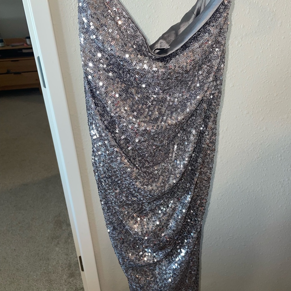 Club L London Silver Sequin Sleeveless Gown